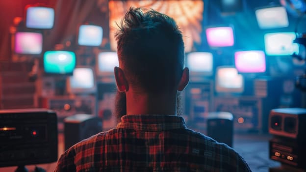 A man with a beard looking at multiple televisions in the background