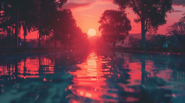 A pool of water with trees and sun setting in the background