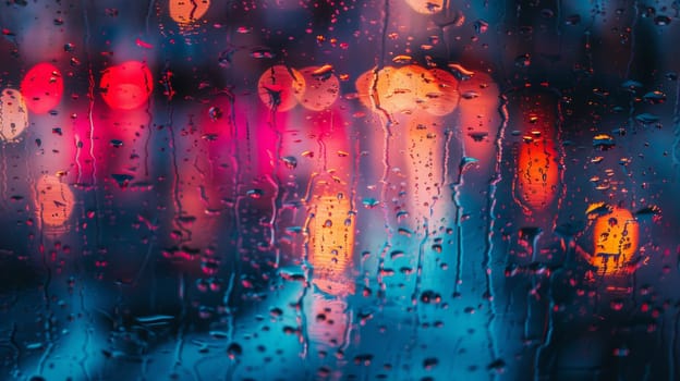 A close up of a rain soaked window with lights in the background