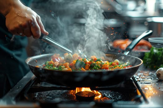 A man fries vegetables in a frying pan. Close-up