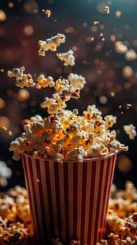 A close up of popcorn falling out a striped and red cup