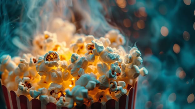 A close up of a popcorn bowl with some popping in it