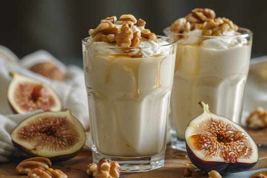 Creamy yogurt parfaits in clear glasses are topped with walnuts, drizzled with honey, and accompanied by fresh figs, capturing a wholesome and delicious snack.