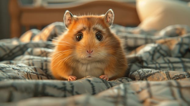A small brown and white hamster sitting on a bed