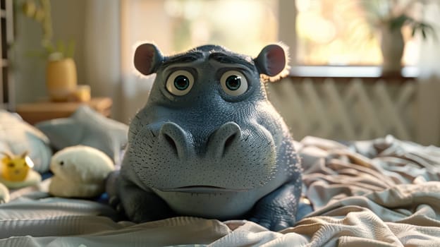 A stuffed animal sitting on a bed with other toys