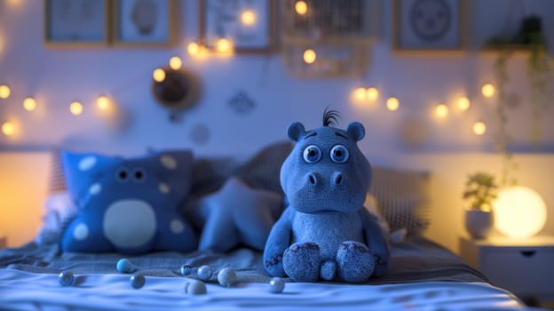 A stuffed animal sitting on a bed with lights around it