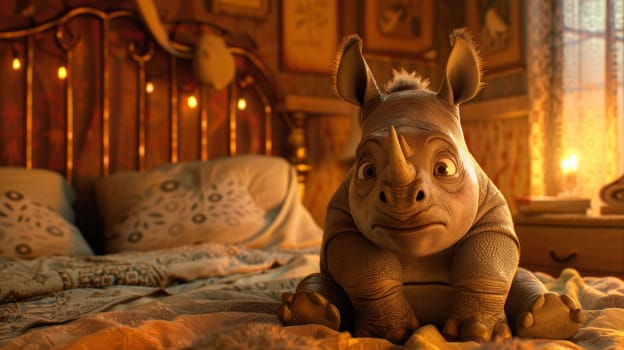 A small rhino sitting on a bed in front of some lights