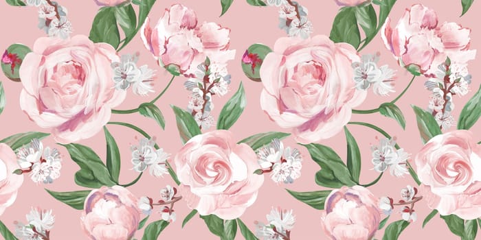 Spring seamless pattern with rose flowers and sakura blossoms for delicate home design feminine decor