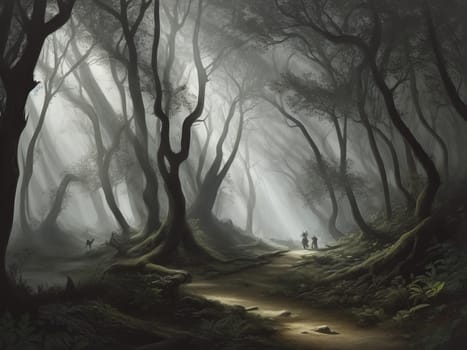 Gloomy foggy forest. AI generated