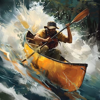 A man is using a paddle to navigate a canoe through the flowing waters of a river, enjoying an outdoor boating adventure in nature