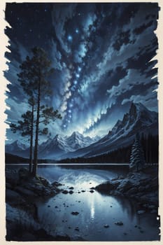 Northern lights snowy mountains. AI generated