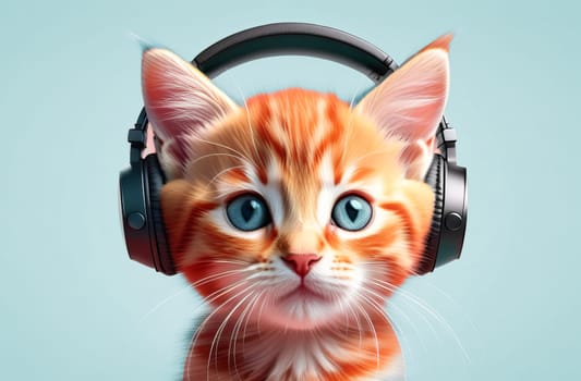 Adorable cartoon red kitten wearing stylish headphones on a pastel background.