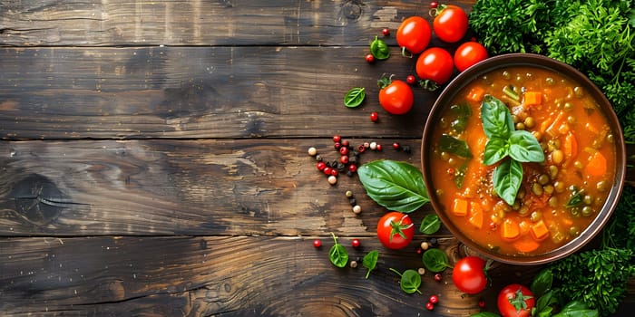 A plantbased bowl of soup featuring a variety of natural foods such as plum tomatoes, cherry tomatoes, and an assortment of vegetables and spices, all served on a rustic wooden table
