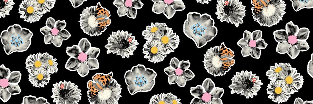 Wild flowers halftone collage banner template with doodle petals, butterfly. Grunge punk cut out shapes, dotted summer background. Trendy modern retro illustration isolated on black background