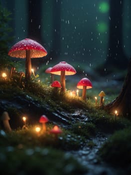 Rain in a magical forest. AI generated