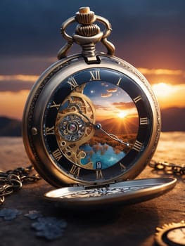 Pocket watch on the sand. AI generated