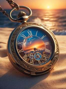 Pocket watch on the sand. AI generated