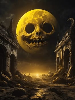 Spooky landscape with yellow moon. AI generated