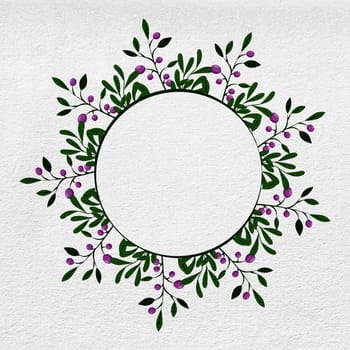 A circular frame filled with vibrant purple flowers and lush green leaves, creating a visually striking display of natures beauty and symmetry. The flowers are neatly arranged in a circular pattern, with the green leaves adding depth and contrast to the overall composition.