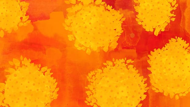 A painting featuring vibrant yellow flowers against a bold red backdrop. The flowers are depicted in full bloom, with intricate details in the petals and stems. The contrast between the flowers and the background creates a striking visual impact.