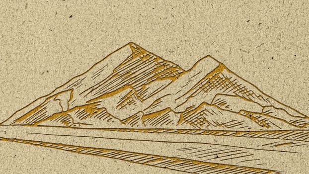 A detailed drawing depicting a mountain with a road cutting through it. The road winds its way through the rugged terrain of the mountain, leading the viewers eye through the scene.
