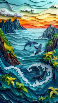 An art painting depicting dolphins swimming in the azure waters of the ocean, with majestic mountains in the background, showcasing the beauty of the natural landscape