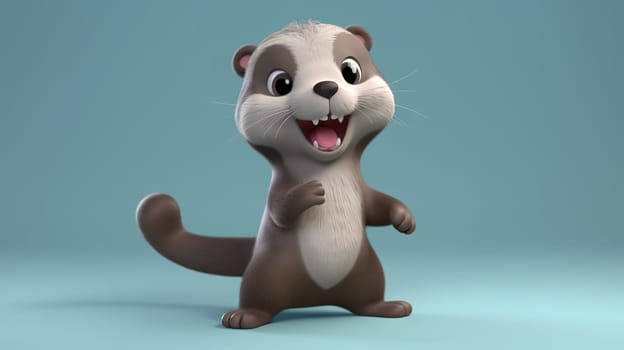 cartoon-rendered otter standing upright with an open-mouthed smile against a plain blue background, exuding friendliness and joy - Generative AI