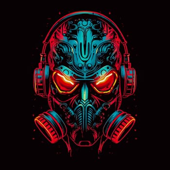 A skull with red and blue colors and a red flame on the right side. The skull is wearing headphones and has a red eye. Scene is dark and futuristic