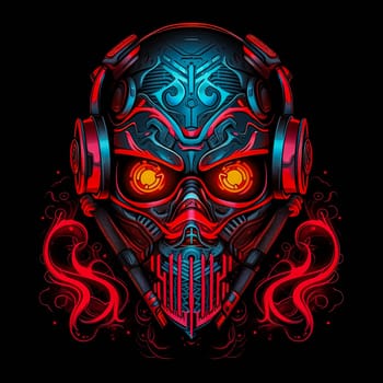 A skull with red and blue colors and a red flame on the right side. The skull is wearing headphones and has a red eye. Scene is dark and futuristic