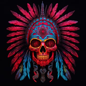 A skull with a feather headdress and a red and blue background. The skull is surrounded by feathers and has a tribal design