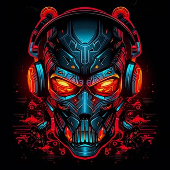 A skull with red and blue colors and a red flame on the right side. The skull is wearing headphones and has a red eye. Scene is dark and futuristic