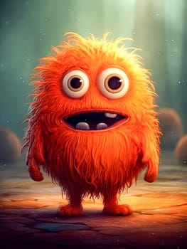 A cartoonish orange monster with a big smile on its face. The monster is standing on a rock and he is happy