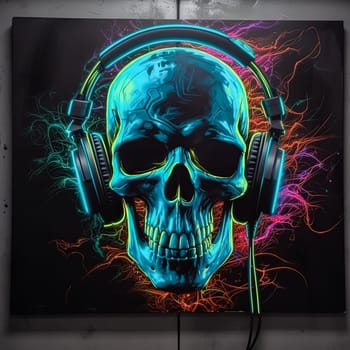 A neon skull with neon colors. The skull is surrounded by a colorful background. The colors are bright and vibrant, giving the image a fun and energetic vibe