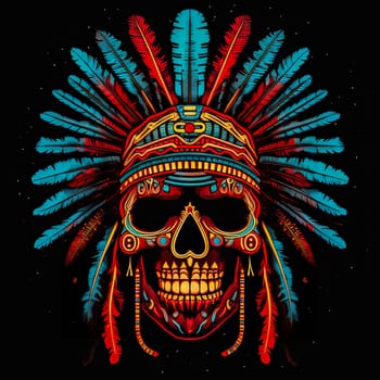 A skull with a feather headdress and a red and blue background. The skull is surrounded by feathers and has a tribal design