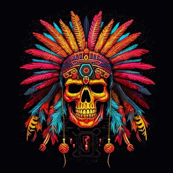 A skull with a feather headdress and a red and blue background. The skull is surrounded by feathers and has a tribal design