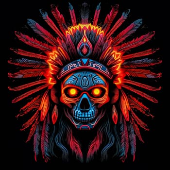 A skull with a feather headdress and a red and blue background. The skull is surrounded by feathers and has a tribal design