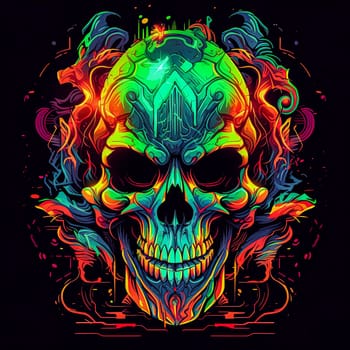 A neon skull with neon colors. The skull is surrounded by a colorful background. The colors are bright and vibrant, giving the image a fun and energetic vibe