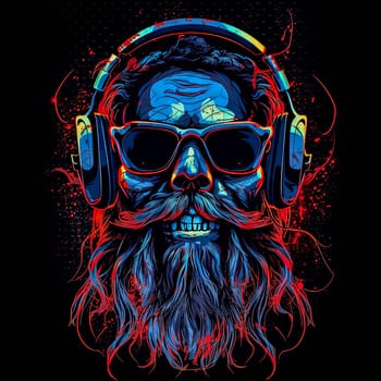 A skull with headphones on it. The skull is wearing headphones and has a beard