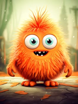 A cartoonish orange monster with a big smile on its face. The monster is standing on a rock and he is happy