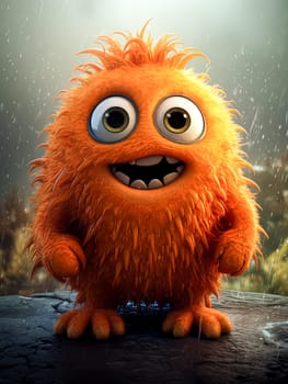 A cartoonish orange monster with a big smile on its face. The monster is standing on a rock and he is happy