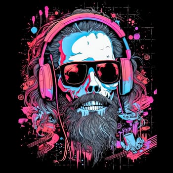 A man with a beard and sunglasses is wearing headphones and smiling. The image has a fun and playful vibe, with the man's expression and the colorful background