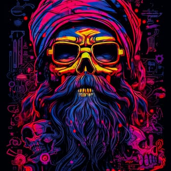 A man with a beard and sunglasses is wearing headphones and smiling. The background features skulls and bones, giving the image a dark and edgy vibe