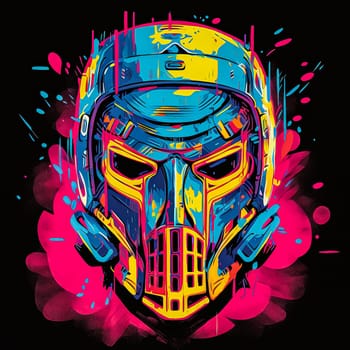 A colorful, abstract painting of a helmet with a skull on it. The helmet is yellow and blue, and the skull is black. The painting has a futuristic, sci-fi vibe to it