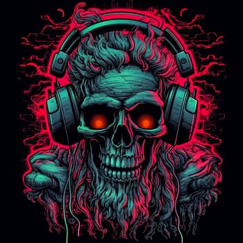 A skull with headphones on it. The skull is wearing headphones and has a beard