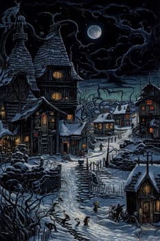 A painting of a small town with houses and a moon in the sky. The mood of the painting is eerie and spooky