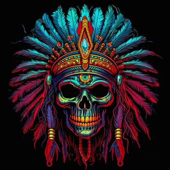 A skull with a feather headdress and a red and blue background. The skull is surrounded by feathers and has a tribal design