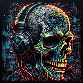 A neon skull with neon colors. The skull is surrounded by a colorful background. The colors are bright and vibrant, giving the image a fun and energetic vibe