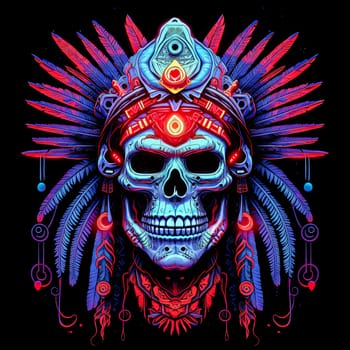 A skull with a feather headdress and a red and blue background. The skull is surrounded by feathers and has a tribal design