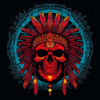 A skull with a feather headdress and a red and blue background. The skull is surrounded by feathers and has a tribal design