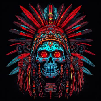 A skull with a feather headdress and a red and blue background. The skull is surrounded by feathers and has a tribal design